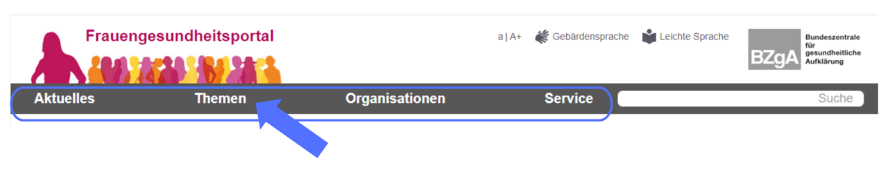 Screenshot Frauengesundheitsportal 4 Hauptbereiche